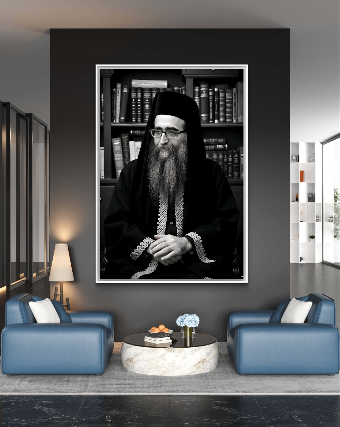 תמונת קנבס אומנותית בשחור-לבן של הרב פינטו, מתוך קולקציית 