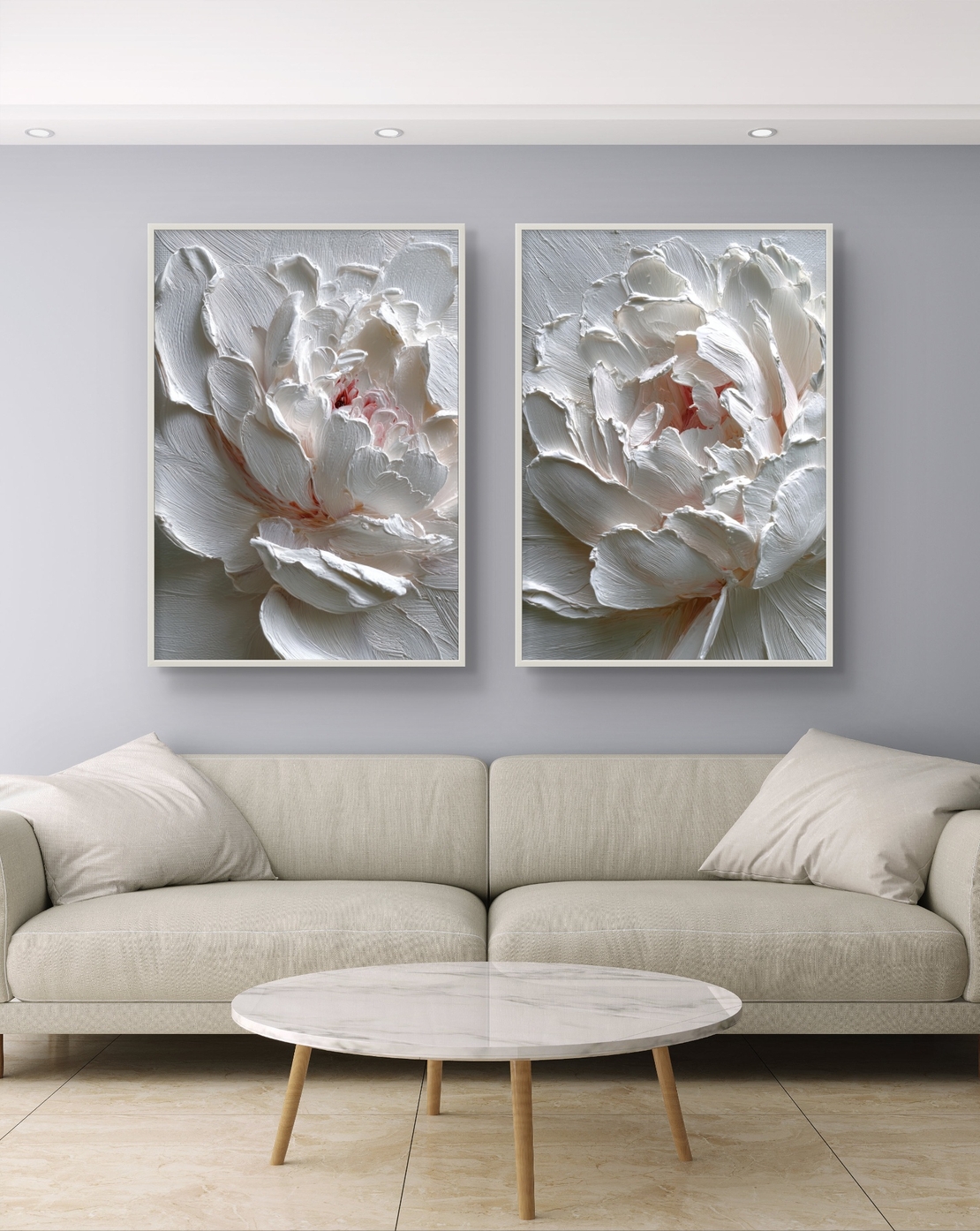 זוג תמונות קנבס אדמוניות לבנות דמוי תבליט עדין – דגם TL8553