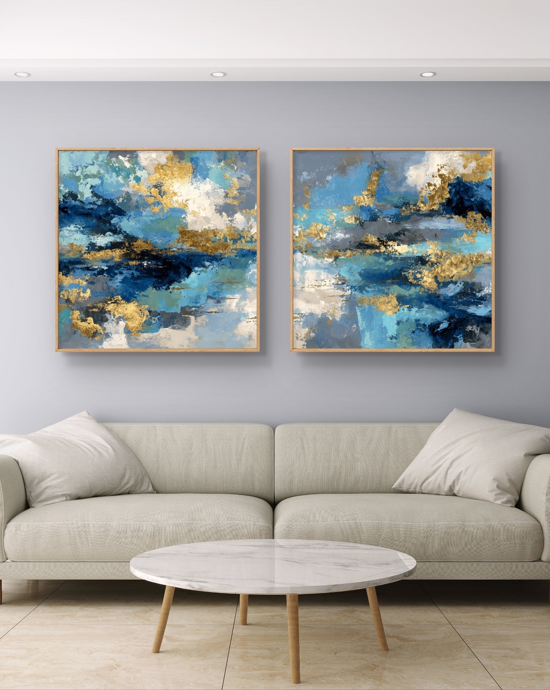 זוג קנבסים מרובעים אמנות מודרנית עם אפקט זהב וכחול עמוק