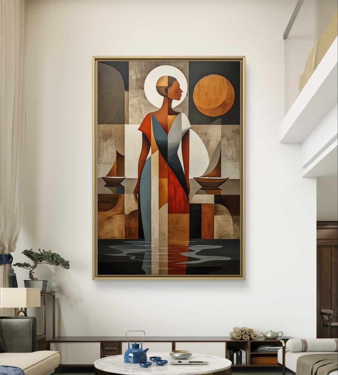 תמונת קנבס עם דמות נשית מופשטת בסגנון גאומטרי בגווני אדמה וכחול בעיצוב אלגנטי ומודרני