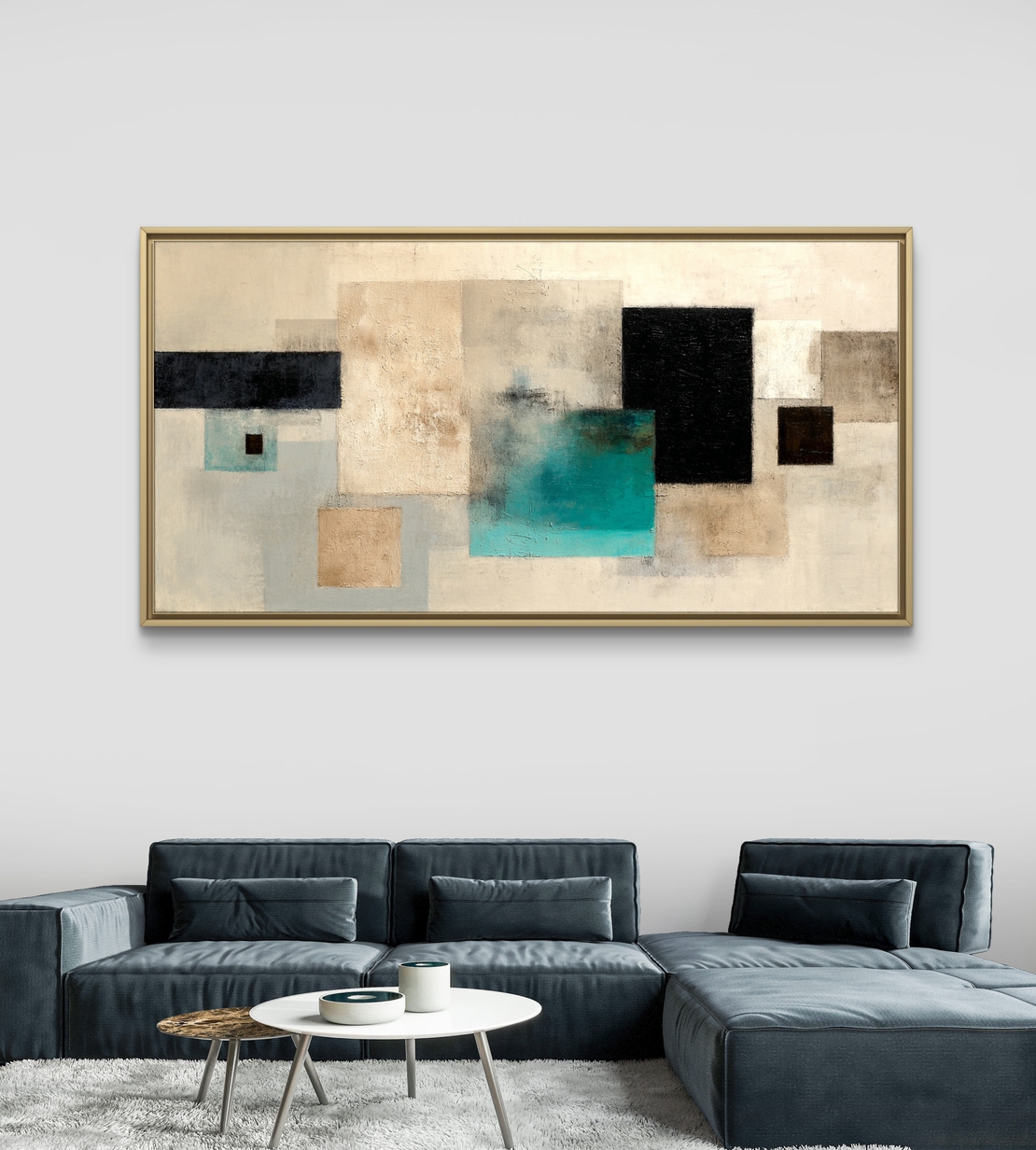 קנבס מודרני בסגנון אבסטרקט גיאומטרי, צבעי שמנת ובז׳ עם מלבן טורקיז מרכזי