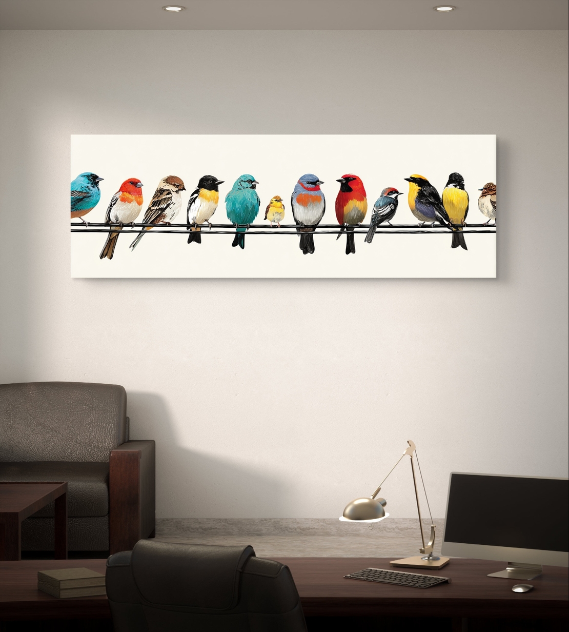 תמונת קנבס פנורמית עם שורת ציפורים צבעוניות יושבות על חוט מעל ספה אפורה.
