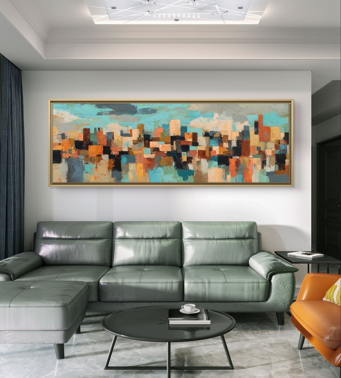 מטרופולין צבעוני – תמונת קנבס פנורמית אבסטרקטית בקו עירוני בגווני טורקיז, חמרה ושחור | CT4671