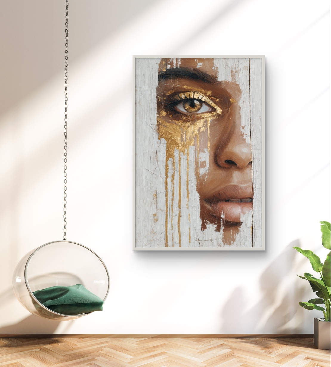 דיוקן נשי אומנותי עם מבט זהוב על קנבס בגווני חום, קרם וזהב בהדפסה חלקה