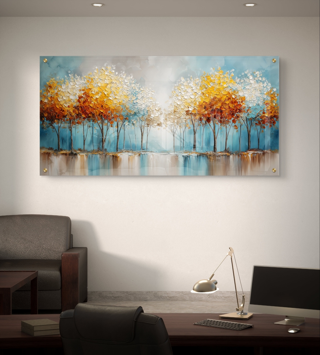 תמונת זכוכית לרוחב עם שדרת עצים בגווני תכלת וזהב המשתקפים במים, בהדפסה חלקה לעיצוב קיר יוקרתי ומרגיע.