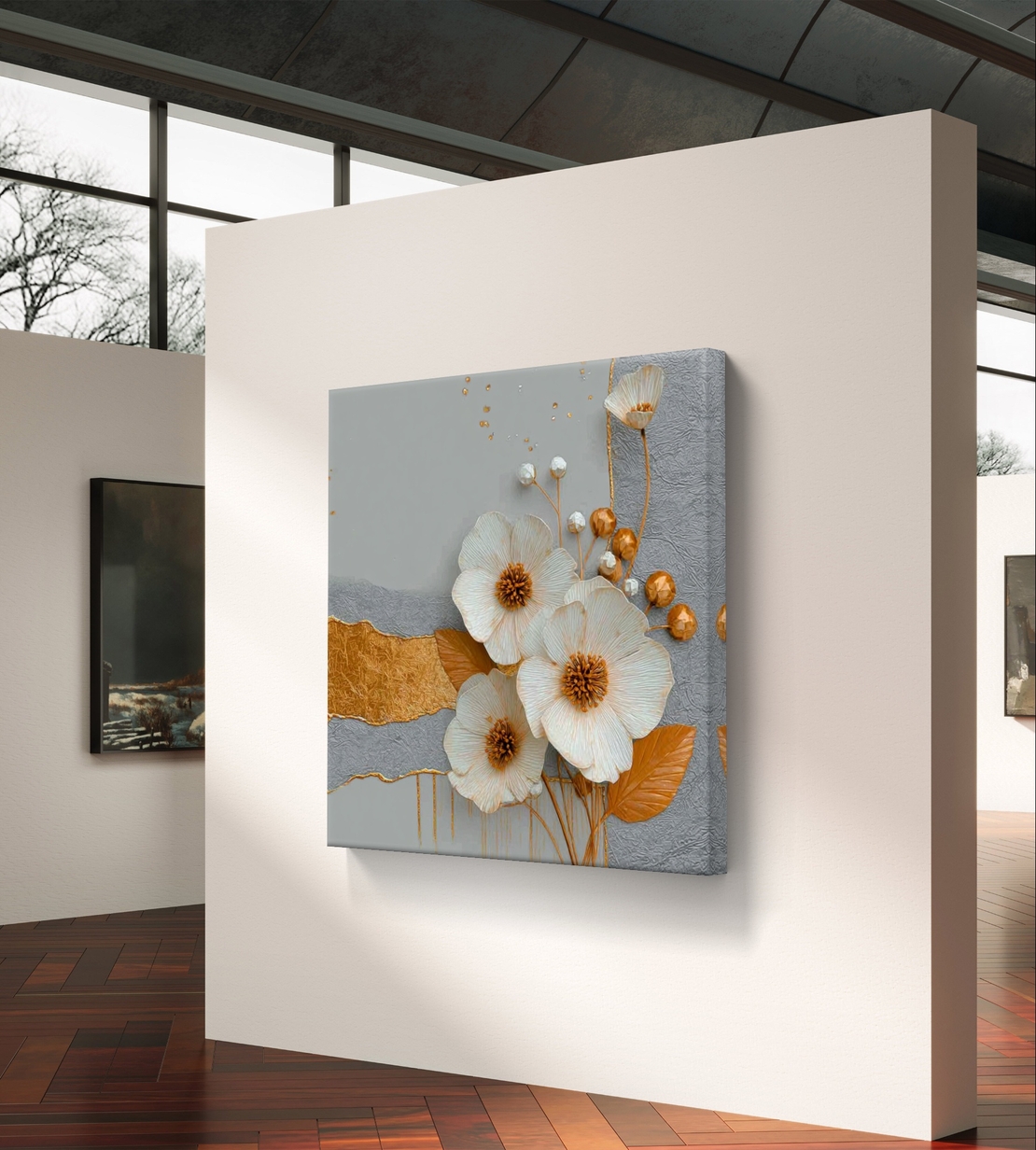 עלי זהב – תמונת קנבס פרחים לבנים עם זהב ואפור | SQ3381