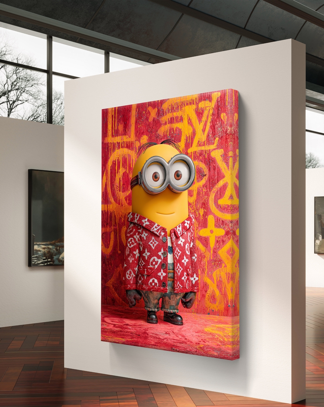 תמונת קנבס צבעונית עם דמות מצוירת בסגנון גרפיטי ואופנה אורבנית על רקע אדום