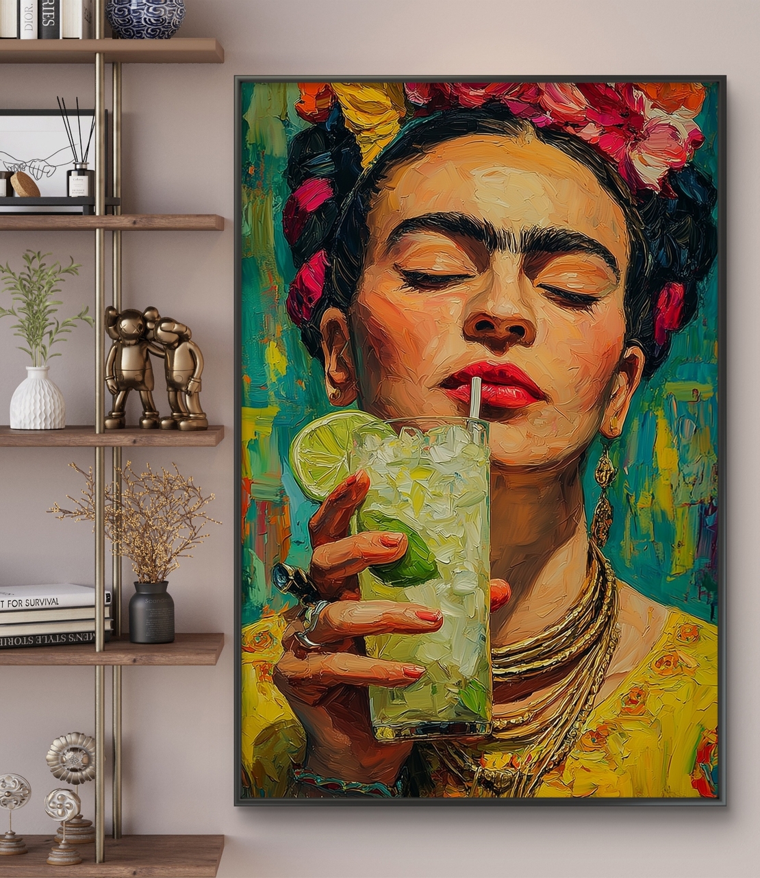 תמונת קנבס צבעונית בהשראת פרידה קאלו עם כוס משקה