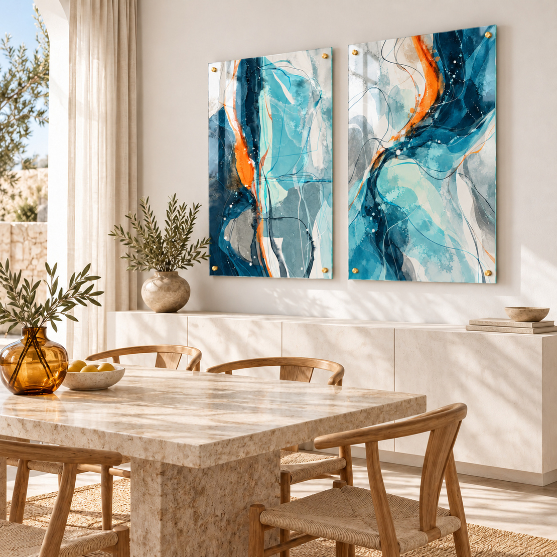זוג תמונות זכוכית אבסטרקטיות בכחול וטורקיז עם נגיעות כתומות | דגם BG6764