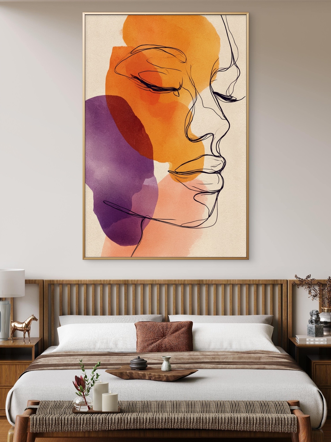 תמונת קנבס של דמות נשית בסגנון קווי עם כתמי צבע בגווני כתום וסגול – NEXTGEN BY BAR