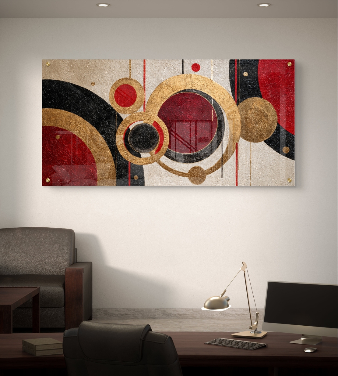 תמונת זכוכית לרוחב בעיצוב גאומטרי עם מעגלים בגווני זהב, אדום ושחור – תכשיט לבית