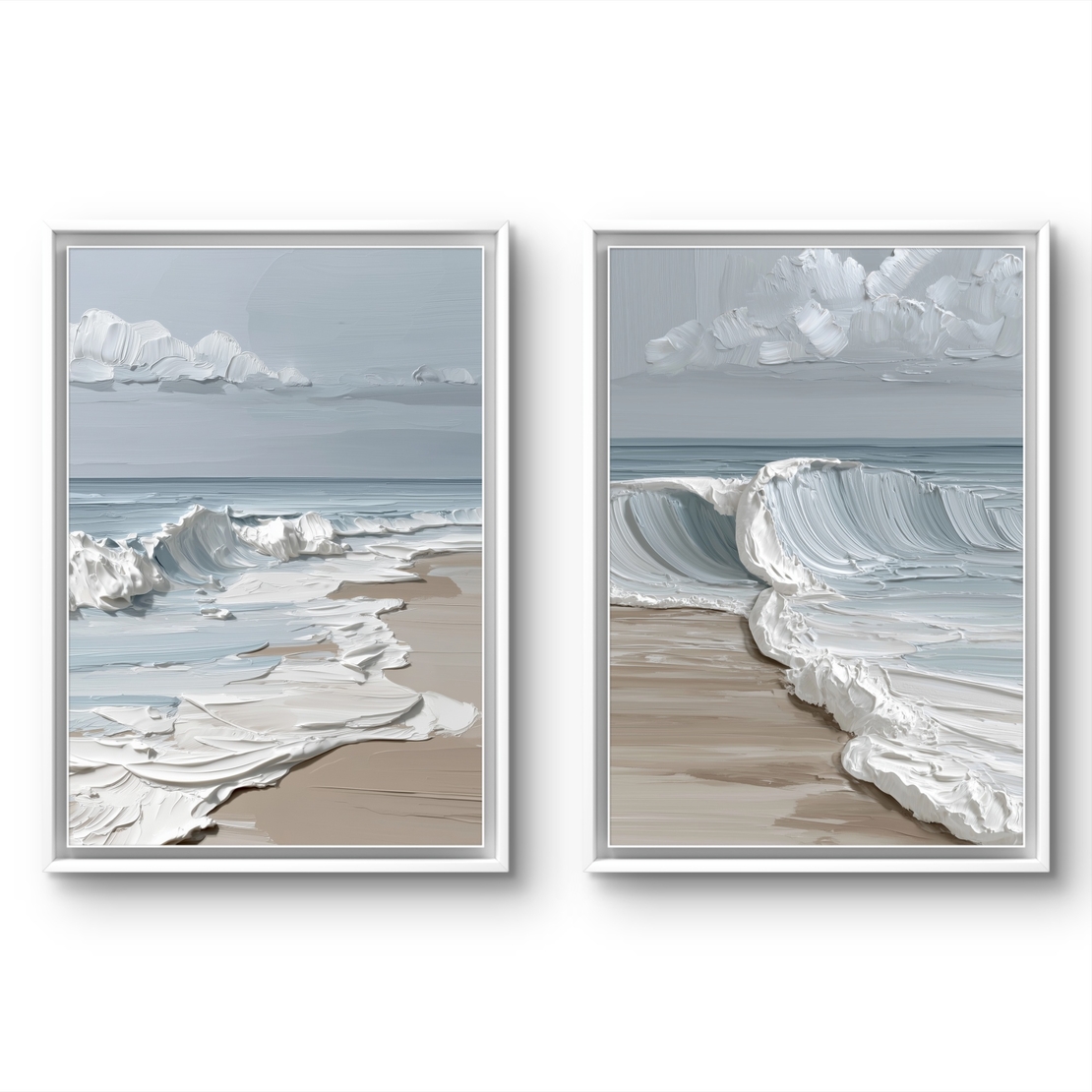 זוג תמונות קנבס גלי ים בגווני תכלת ולבן בעיצוב מודרני