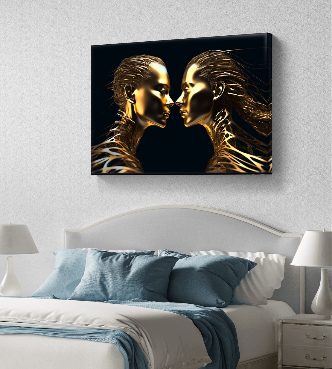 תמונת קנבס לרוחב עם שתי דמויות זהובות סימטריות על רקע שחור בעיצוב מודרני ויוקרתי
