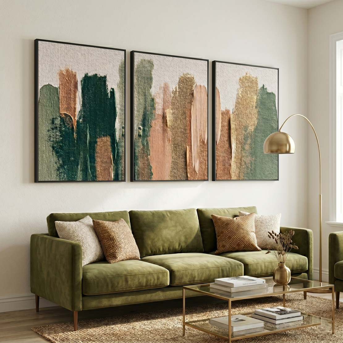 שלשת תמונות קנבס אבסטרקטיות בגווני ירוק זית, בז׳ וזהב – דגם TA1363