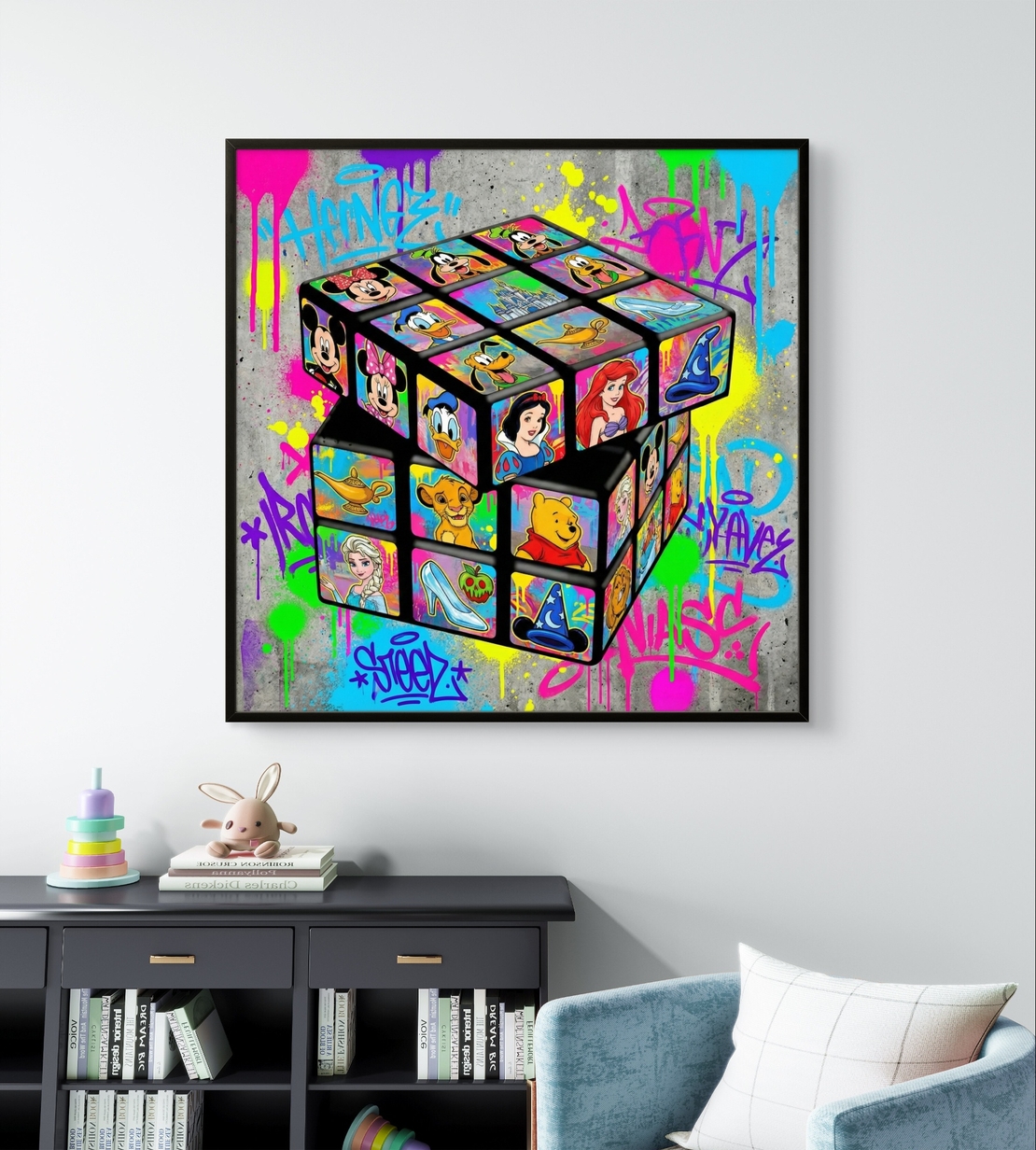 תמונת קנבס מרובעת צבעונית עם קובייה תלת־ממדית ודמויות פופ בסגנון גרפיטי, מסר של יצירתיות וחשיבה מחוץ לקופסה
