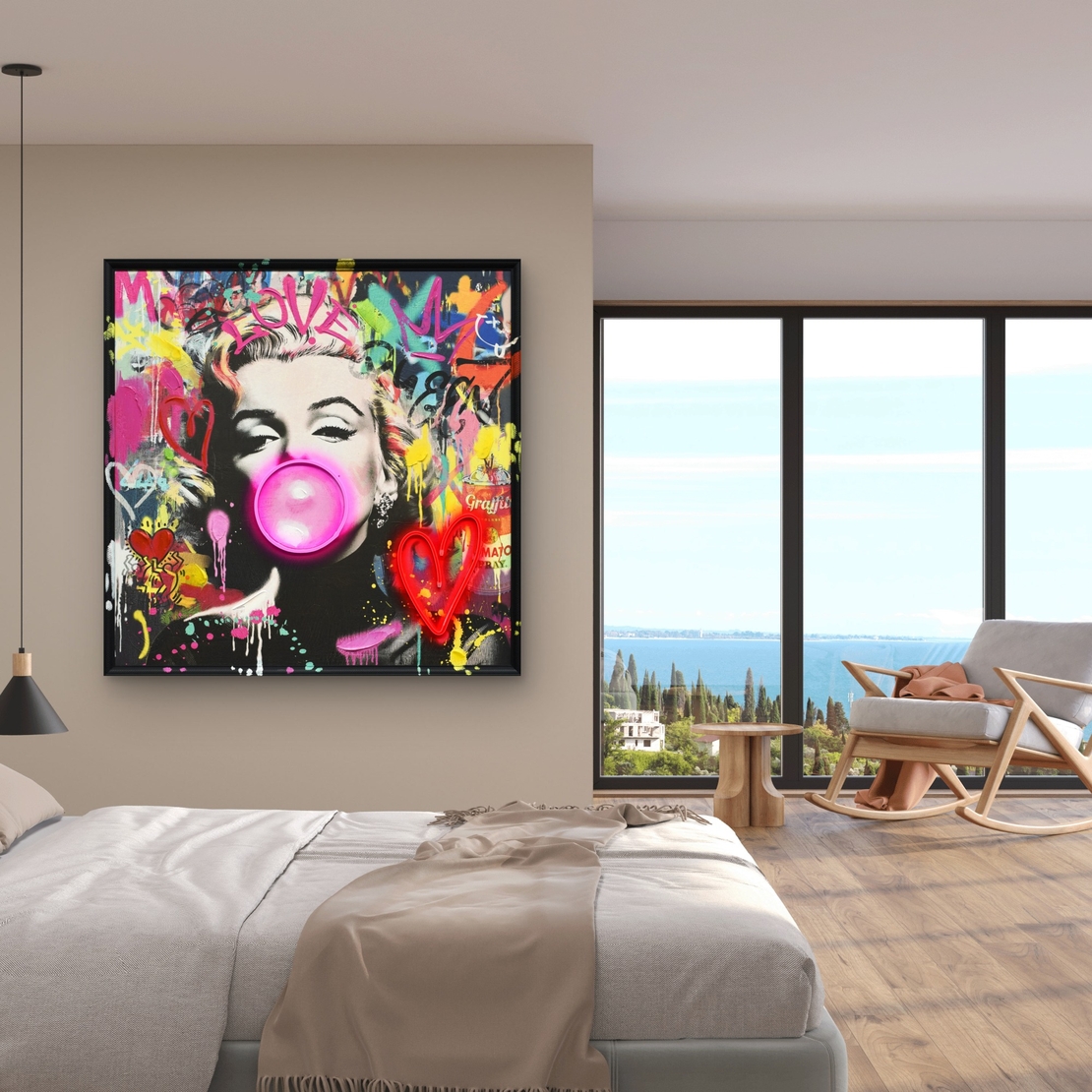 תמונת LED מרילין מונרו עם מסטיק ולב ניאון – הדפס משודרג עם מריחות צבע, מופעלת על סוללות עם שלט רחוק מידה 83*83 ס