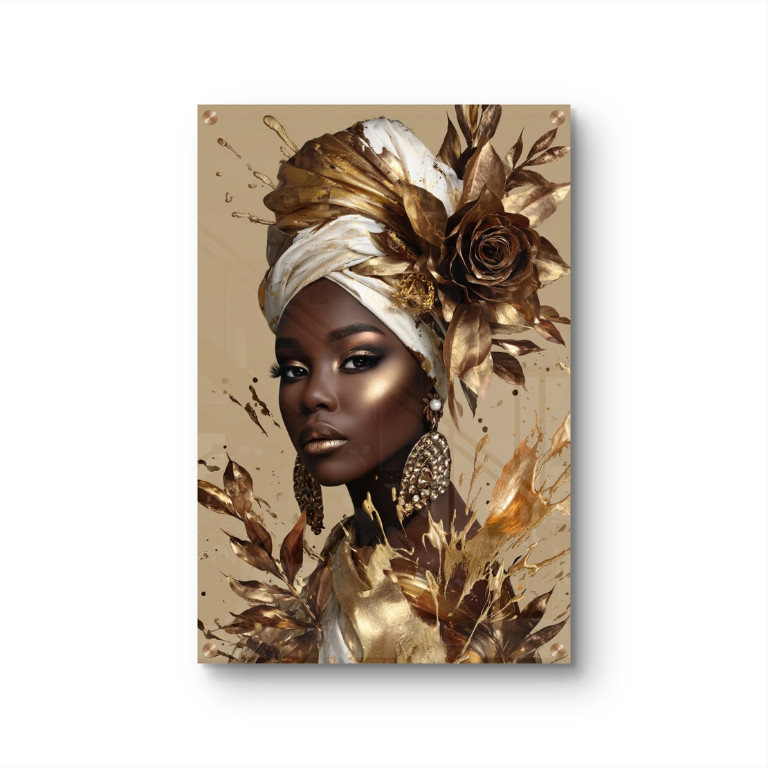 תמונת זכוכית בהדפסה חלקה של דיוקן נשי יוקרתי עם כיסוי ראש ופרח בגווני זהב, ברונזה ושמנת, בעיצוב אלגנטי ומרשים.