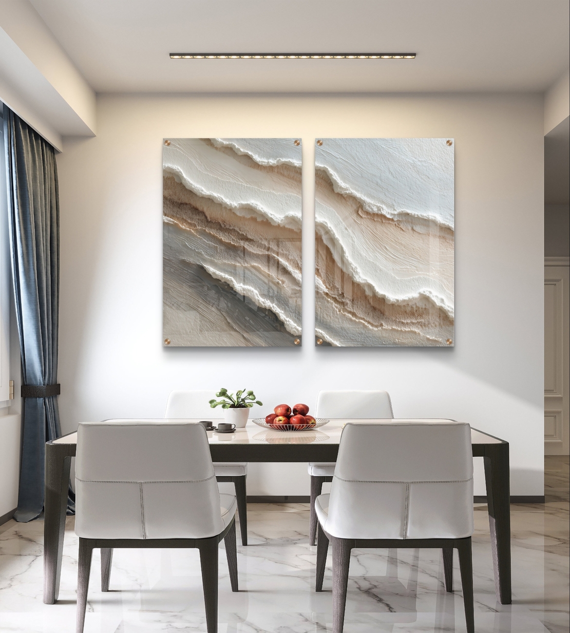 תמונת זכוכית זוגית אבסטרקטית בגווני שמנת ובז׳ בהשראת שכבות טבעיות בעיצוב רגוע