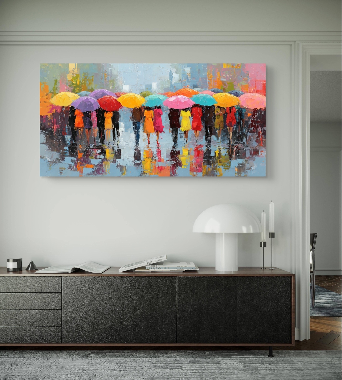 תמונת קנבס לרוחב עם אנשים תחת מטריות צבעוניות בגשם – תכשיט לבית