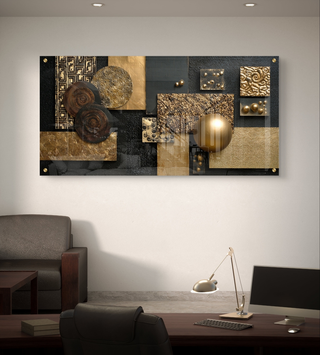 תמונת זכוכית אבסטרקטית לרוחב בעיצוב גאומטרי יוקרתי בגווני זהב ושחור עם טקסטורות עמוקות