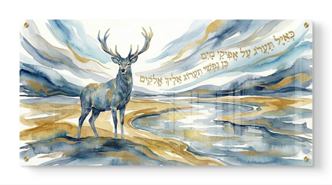 תמונת זכוכית קדושה עם אייל ופסוק השראה בגווני תכלת, לבן וזהב בהדפסה חלקה