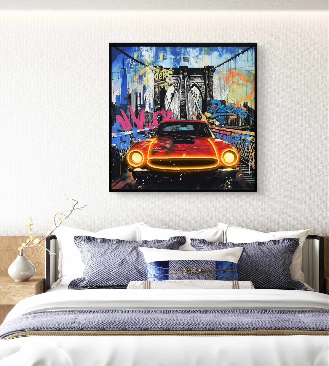 תמונת LED רכב קלאסי בניו יורק – מופעלת על סוללות עם שלט רחוק - מידה 83*83 ס