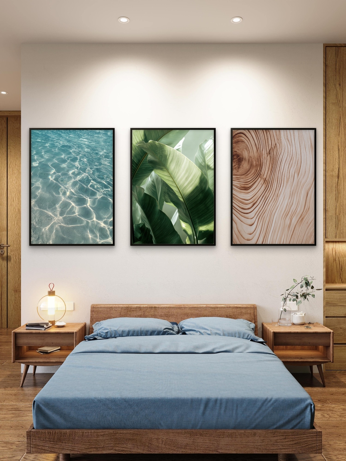 שלישיית תמונות קנבס בעיצוב טבעי – מים צלולים, עלים ירוקים ועץ בגוון בז’, מהקולקציה של תכשיט לבית, NEXTGEN BY BAR.