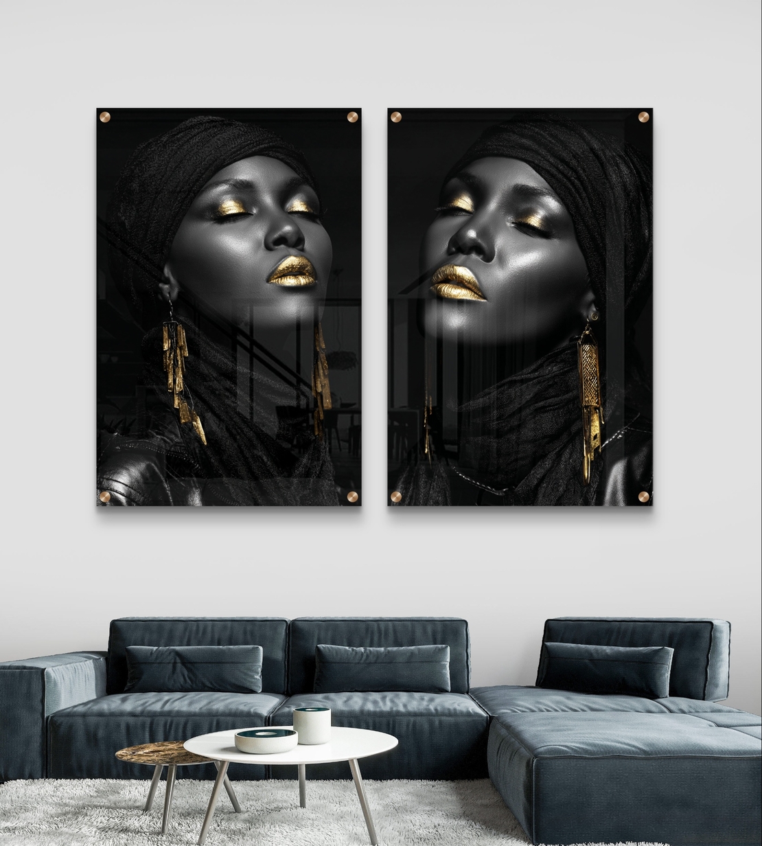 זוג תמונות זכוכית בפורטרט נשי בשחור וזהב עם הדפסה חלקה ויוקרתית