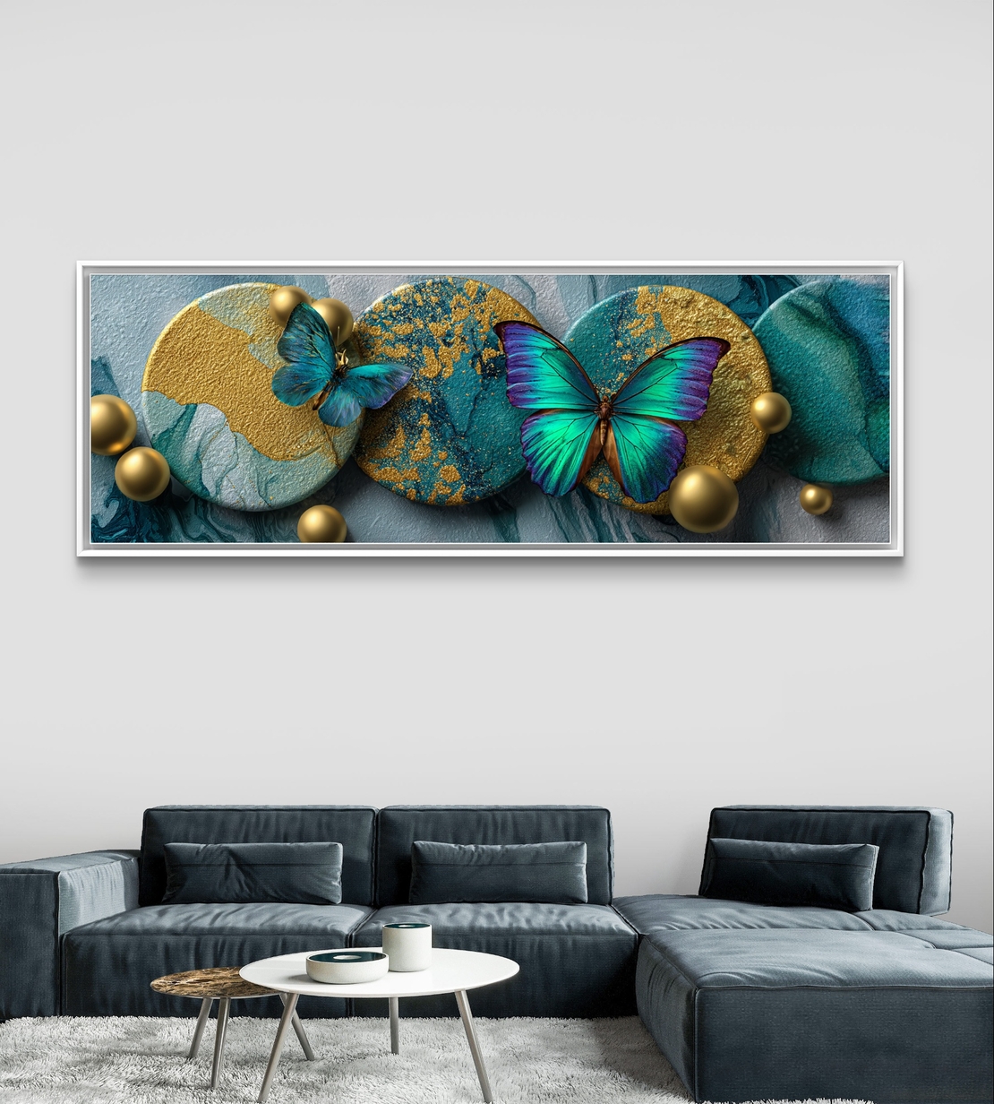 תמונת קנבס פנורמית עם פרפרים בגווני טורקיז וזהב בהדפסה חלקה – תכשיט לבית