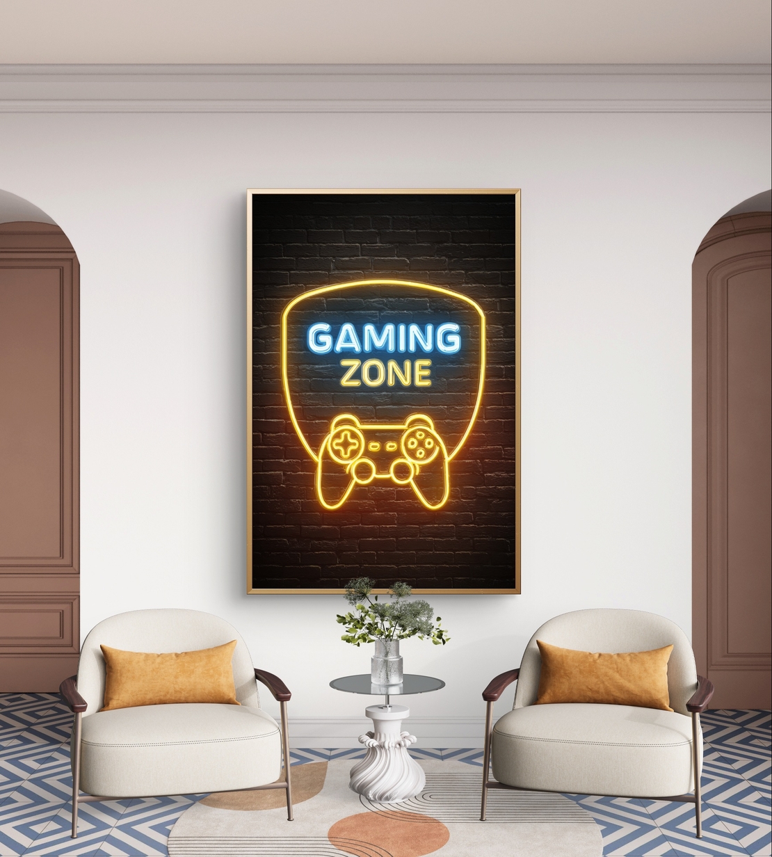 תמונת קנבס עם כיתוב Gaming Zone בעיצוב ניאון ובקר משחק על רקע כהה, מתאימה לחדר גיימינג וחדר נוער