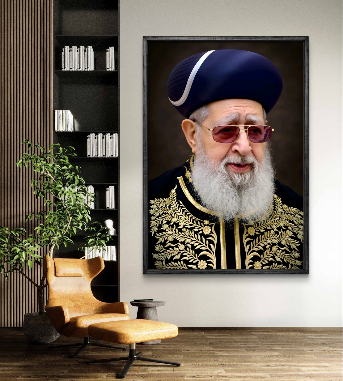 תמונת קנבס אומנותית של הרב עובדיה יוסף, עם מבט מלא חוכמה ויראת שמיים, בלבוש מסורתי מעוטר בזהב. תמונה מרהיבה המכניסה קדושה, תורה וברכה לכל בית וחלל יהודי.