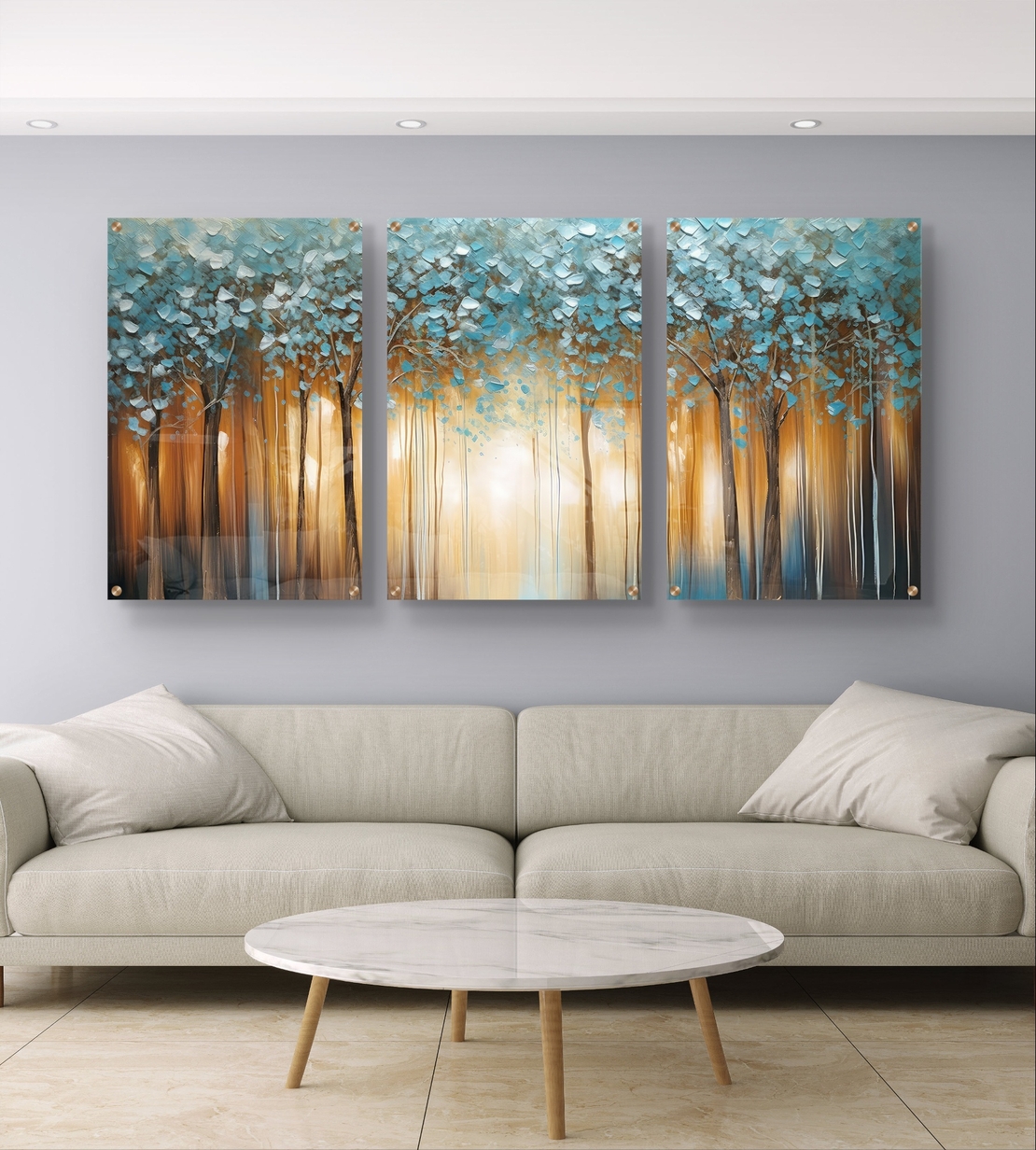 שלשת תמונות זכוכית יער אור בכחול וזהב – דגם GG5474