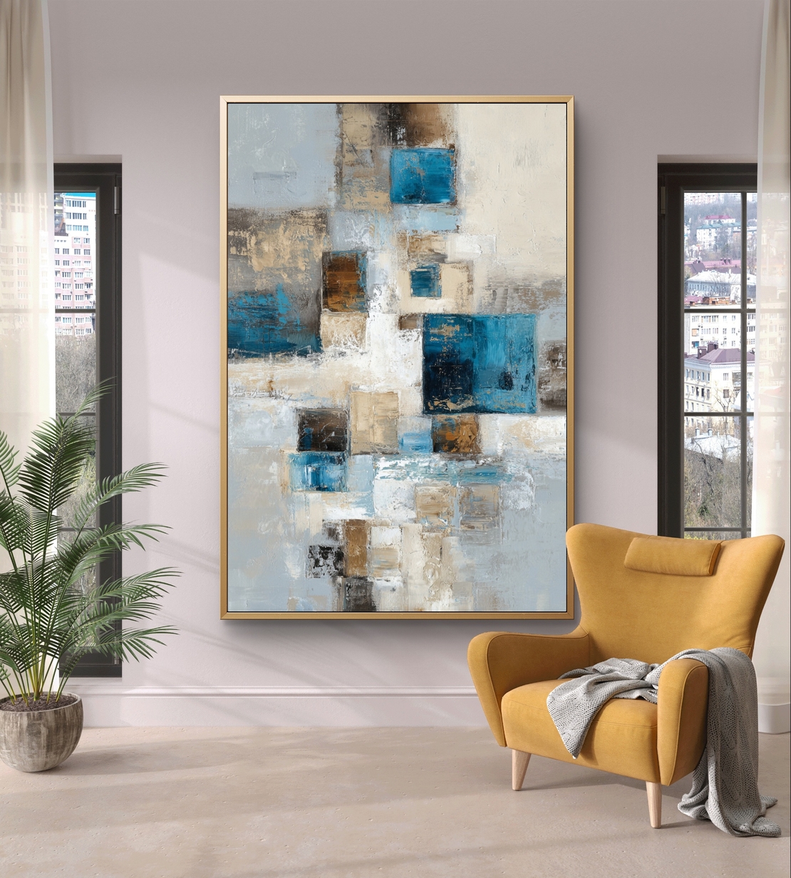 ציור אבסטרקטי בגווני כחול ובז על קנבס