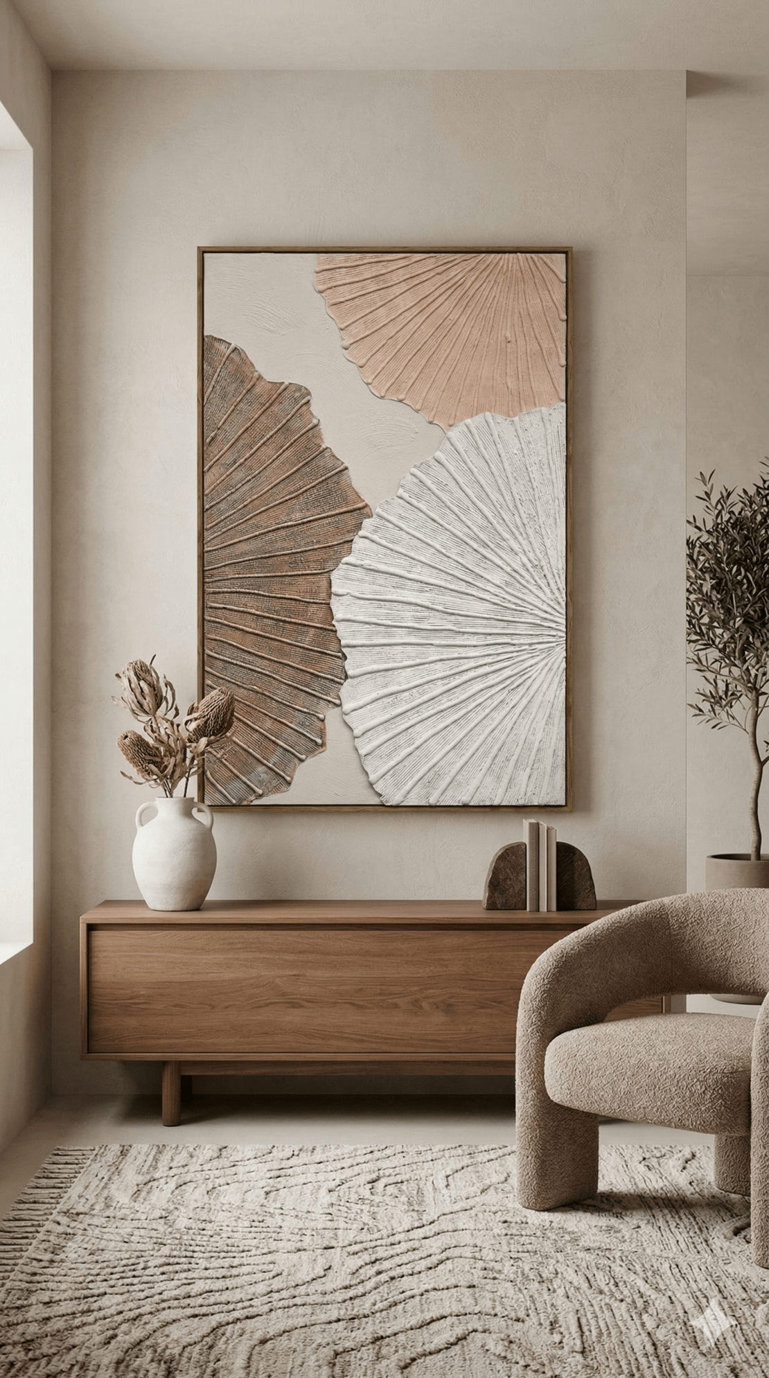 תמונה אבסטרקטית עם תאורת LED ושלט רחוק – עלים מרקמיים בגווני חול דגם LEDA1001--מידה 120-80