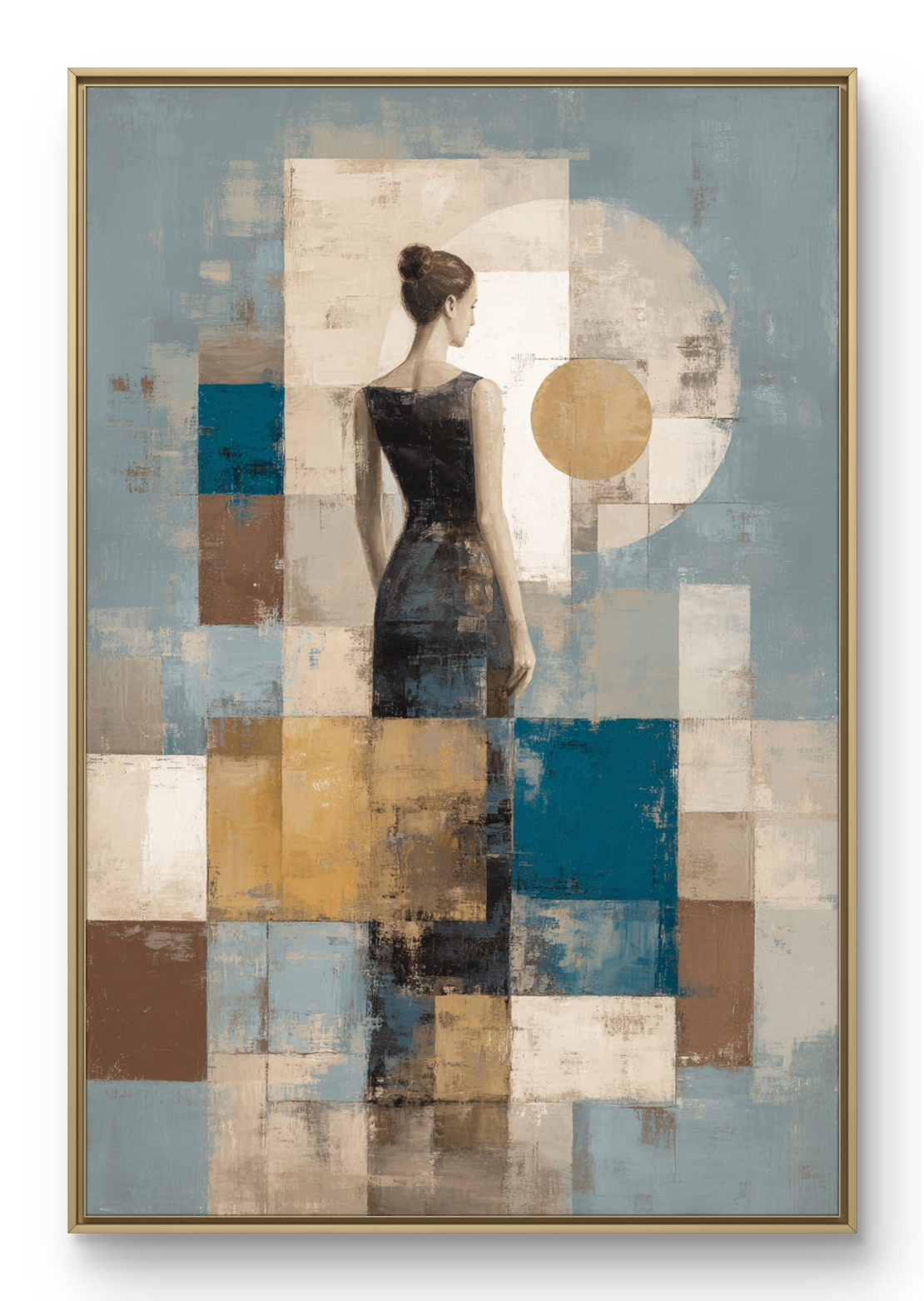 תמונת קנבס של דמות נשית בגב לצופה עם קומפוזיציה גאומטרית בגווני תכלת, קרם וחום בהדפסה חלקה