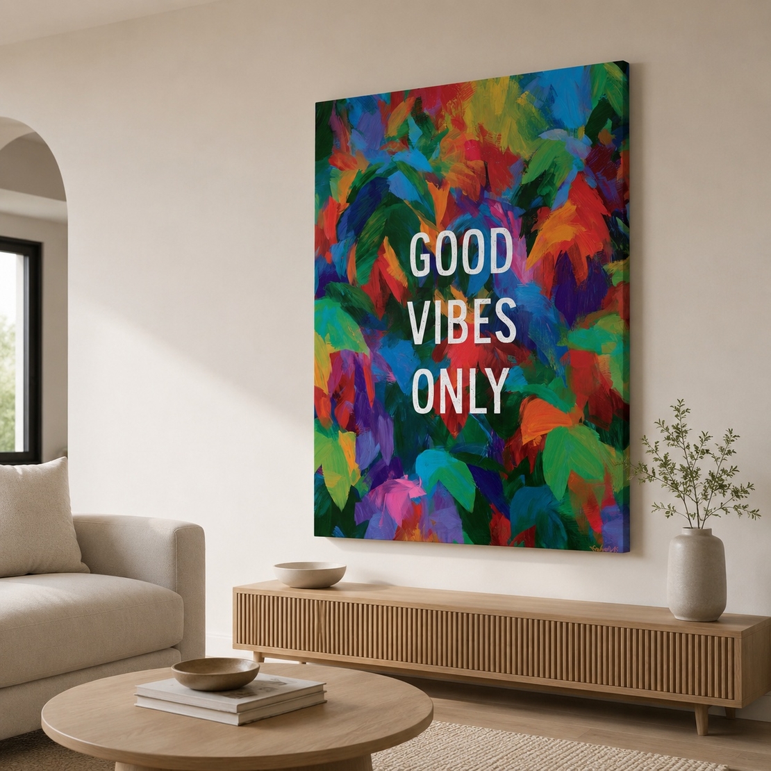 Good Vibes צבעוני – תמונת קנבס אבסטרקטית עם מסר חיובי – דגם MT9434