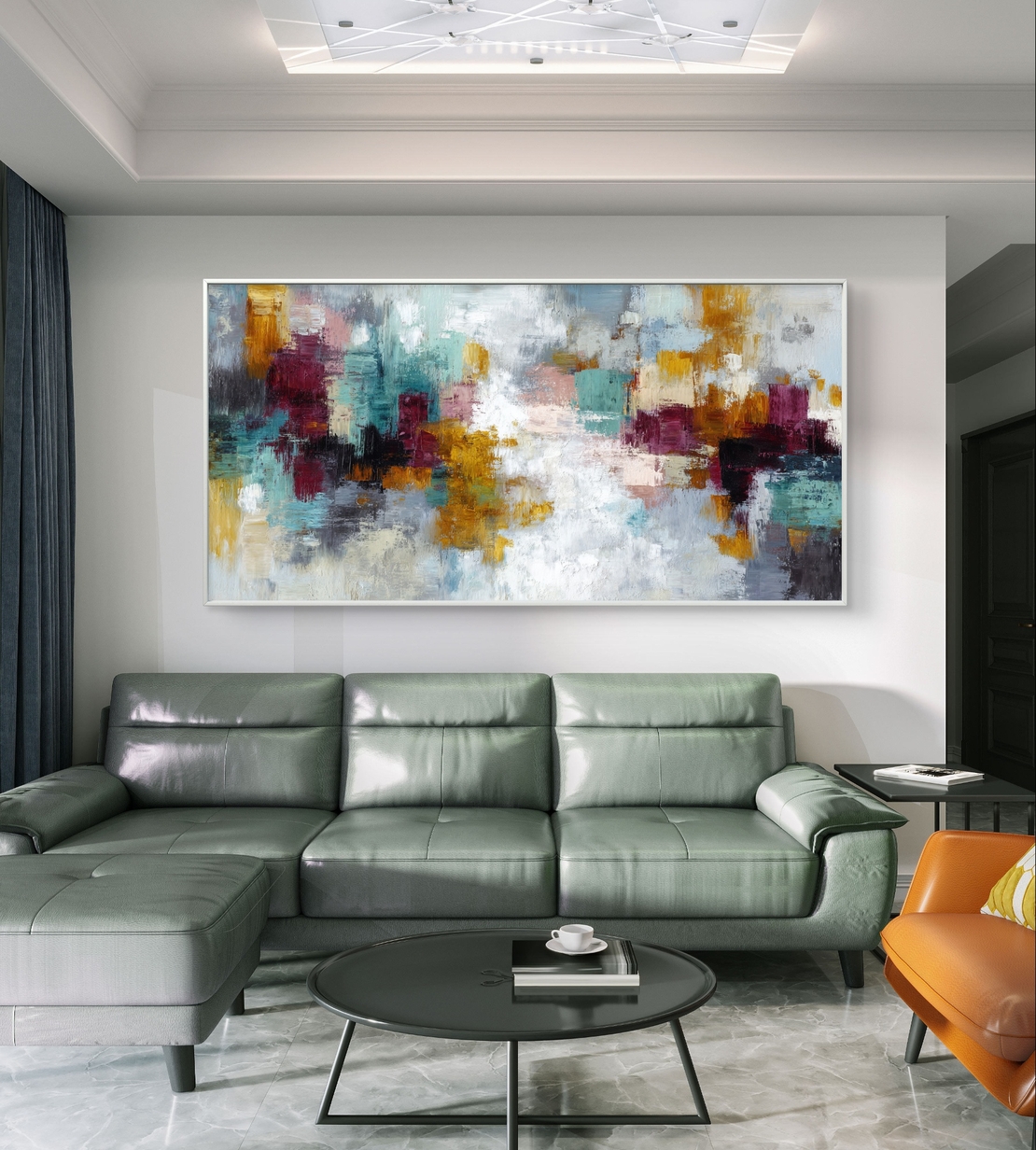 תמונת קנבס מופשטת לרוחב בגווני טורקיז, בורדו וזהב – תכשיט לבית