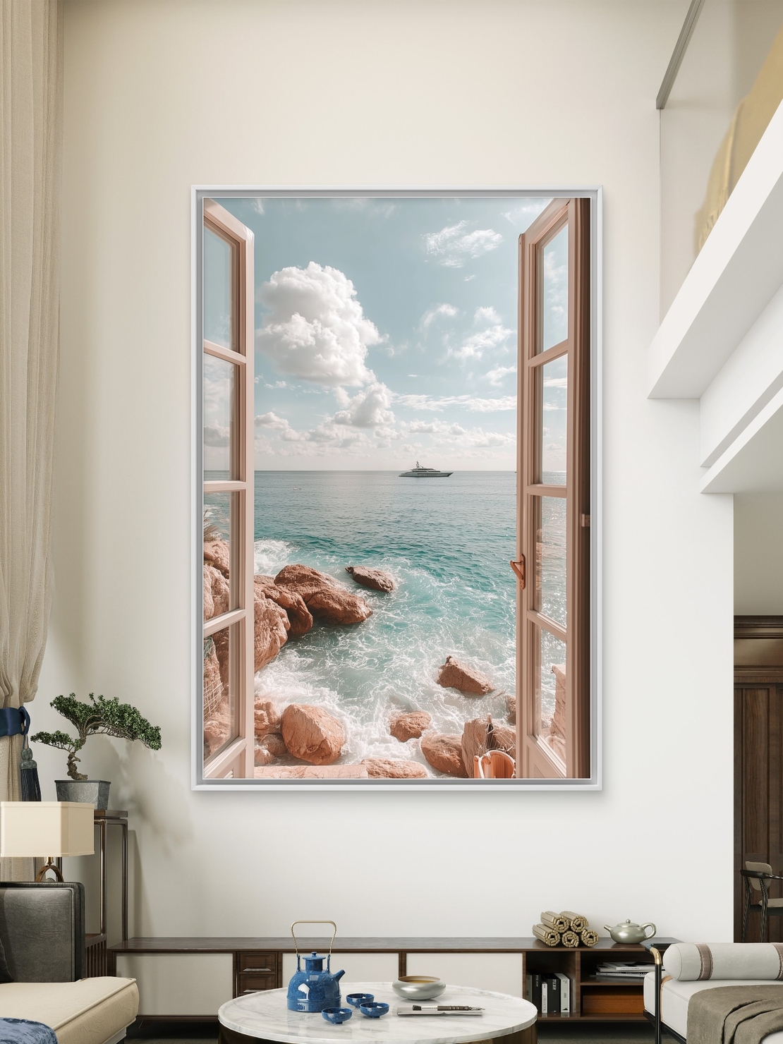 תמונת קנבס חלון לים בגווני טורקיז ובז’ – מתוך קולקציית NEXTGEN BY BAR של תכשיט לבית, בעיצוב יוקרתי והדפסה חלקה ואיכותית.