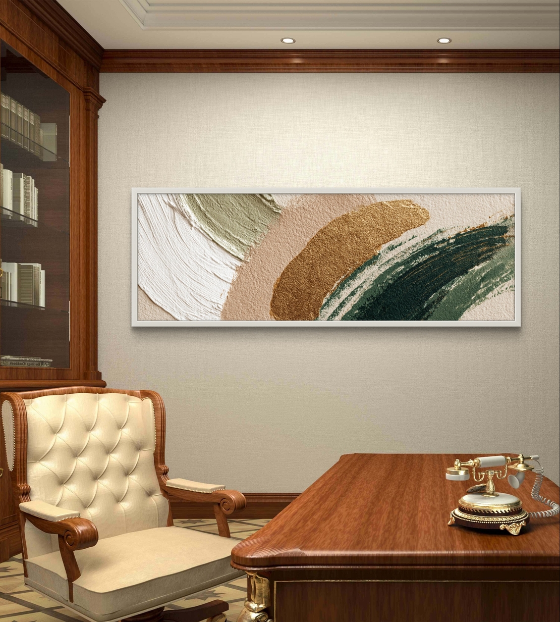 קשתות חול וזית – תמונת קנבס פנורמית אבסטרקטית בטקסטורת מכחול בגווני ירוק, בז׳ וזהב | CT4674