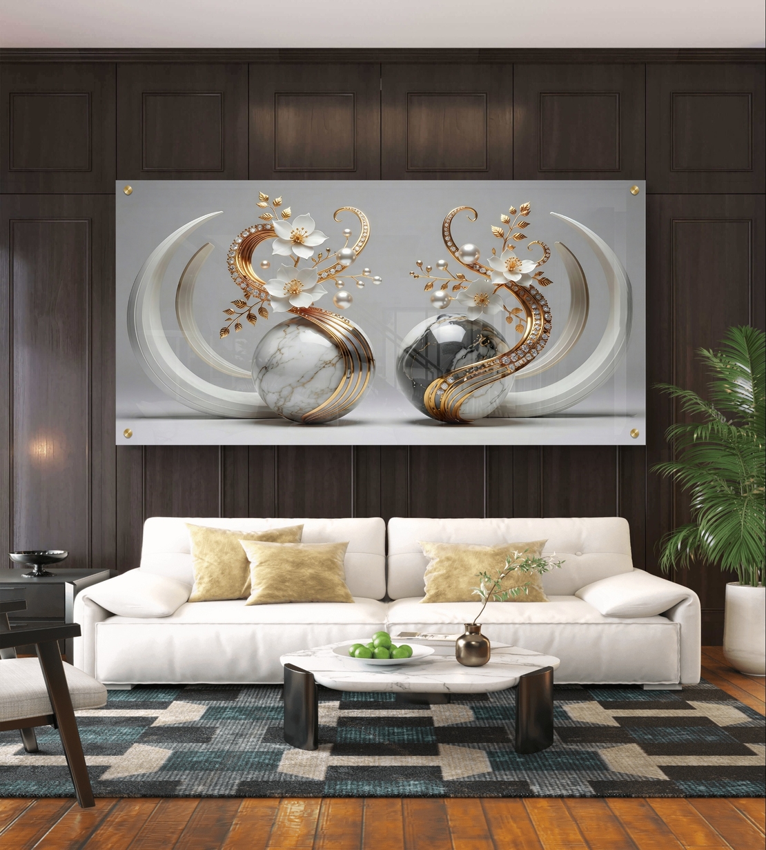 תמונת זכוכית יוקרתית עם כדורי שיש לבנים, פרחים לבנים וקשתות זהב