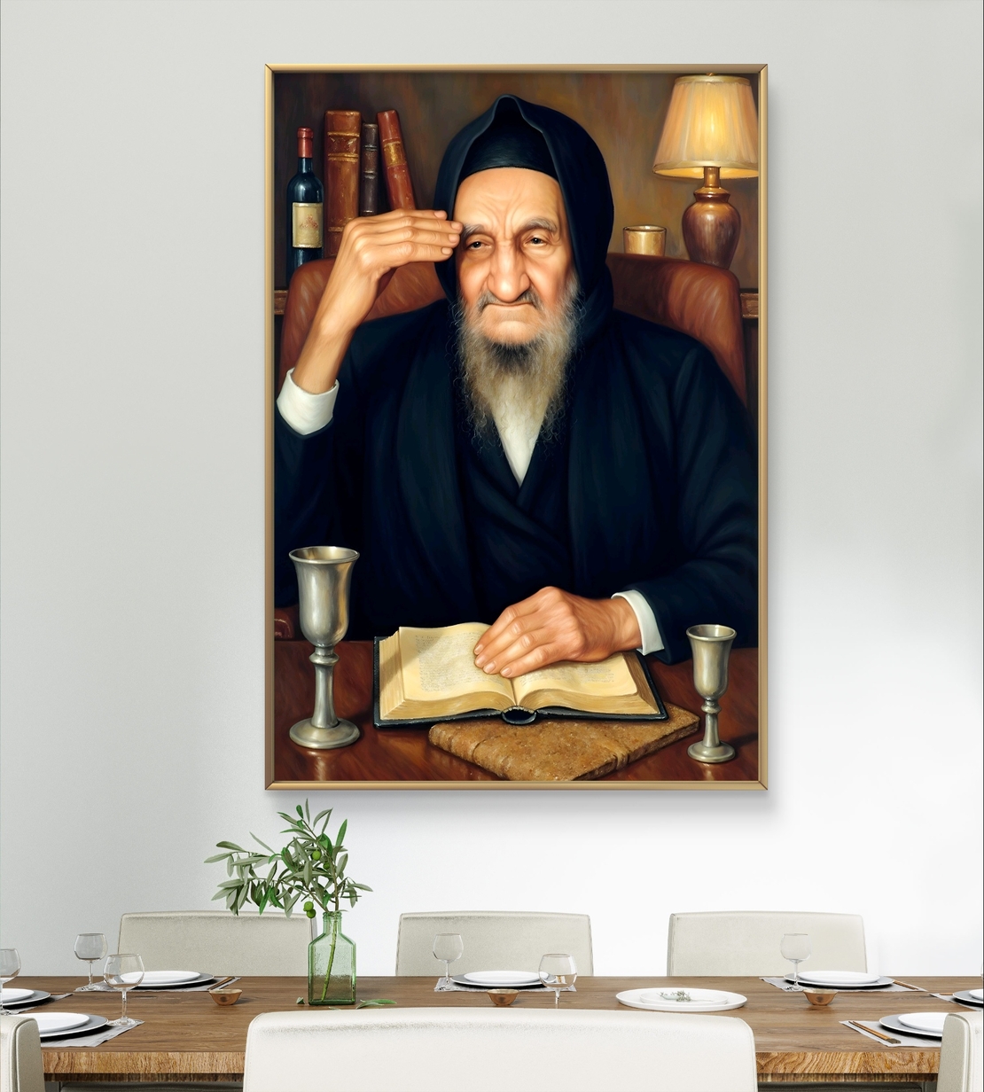 תמונת קנבס אומנותית של הבבא סאלי יושב ליד שולחנו, עם ספר קדוש פתוח, כוס קידוש ונרות ברקע. יצירה המשדרת קדושה, חוכמה וברכה, מתאימה לבית יהודי, בתי כנסת וחללים רוחניים.
