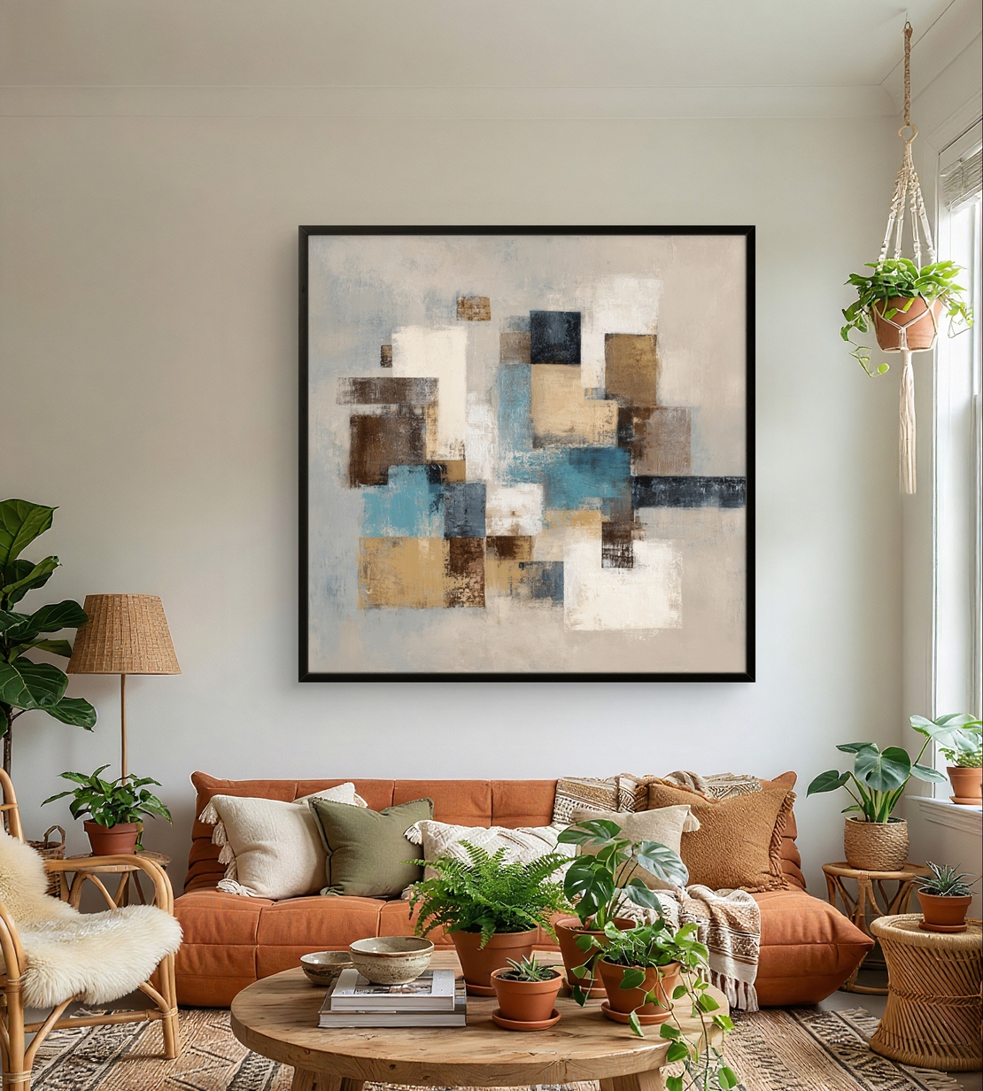 קנבס מודרני מינימליסטי בגווני ניטרל וכחול עם מרקם עדין ועיצוב גיאומטרי