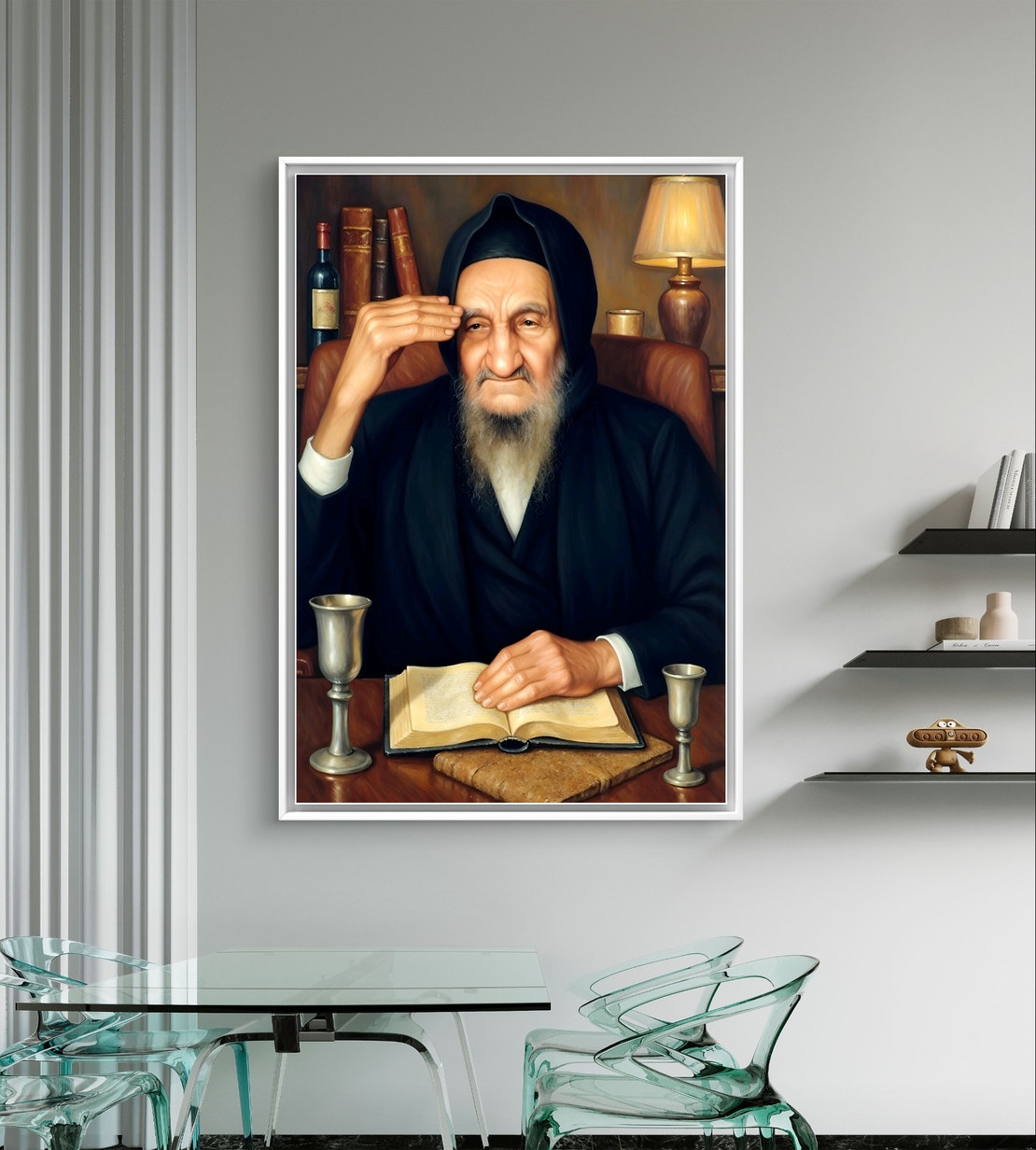 תמונת קנבס אומנותית של הבבא סאלי יושב ליד שולחנו, עם ספר קדוש פתוח, כוס קידוש ונרות ברקע. יצירה המשדרת קדושה, חוכמה וברכה, מתאימה לבית יהודי, בתי כנסת וחללים רוחניים.
