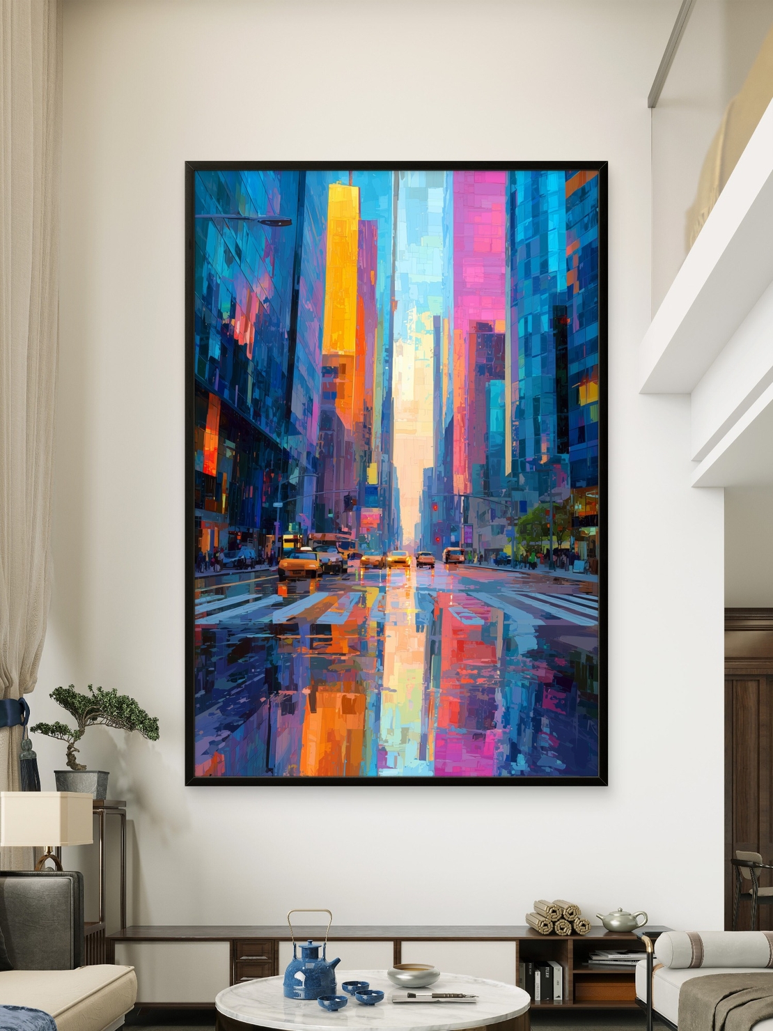 תמונת קנבס של רחוב עירוני צבעוני עם גורדי שחקים והשתקפות אורות על כביש רטוב – NEXTGEN BY BAR