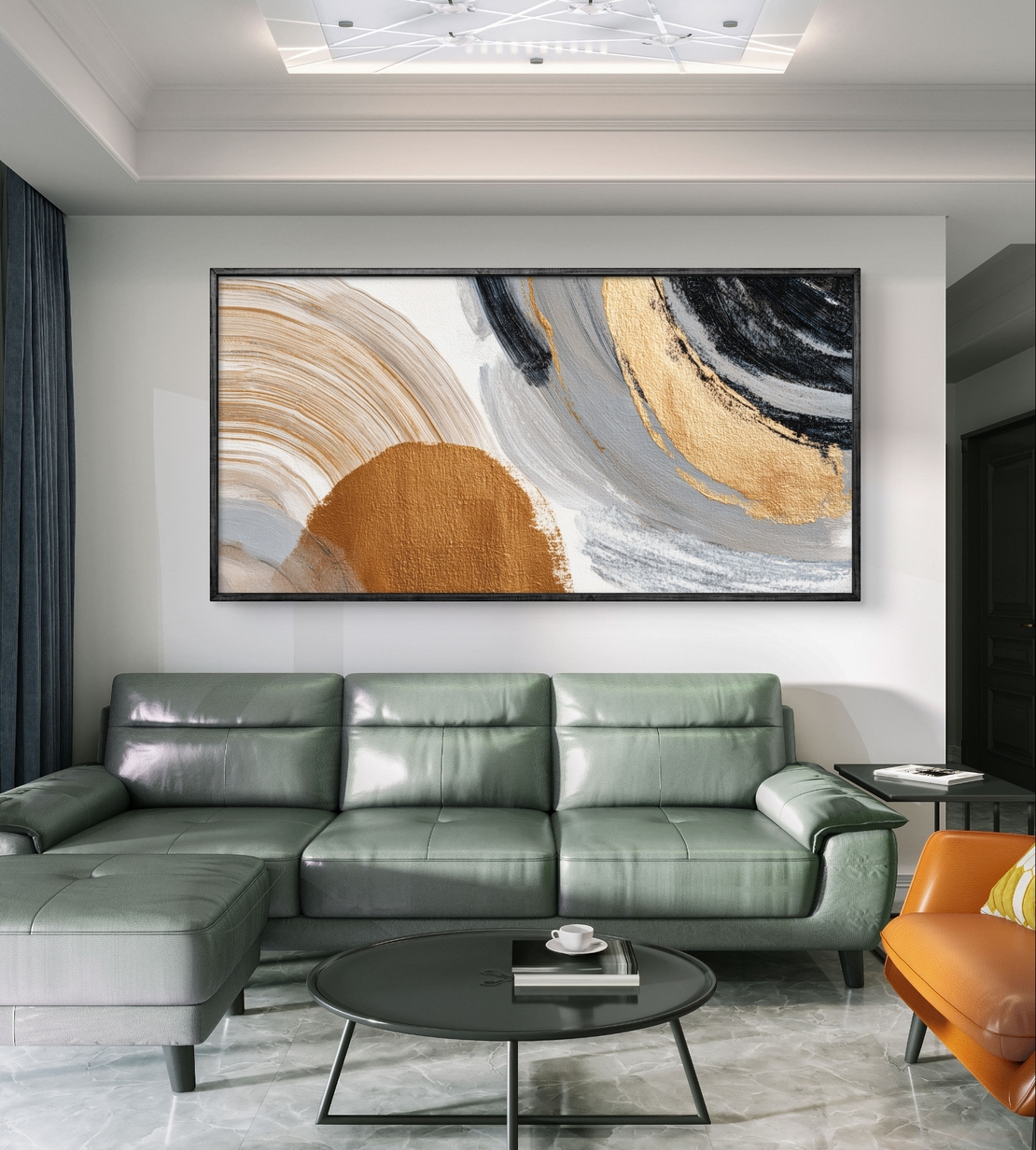 תמונת קנבס מופשטת לרוחב בגווני שחור, אפור וזהב – תכשיט לבית