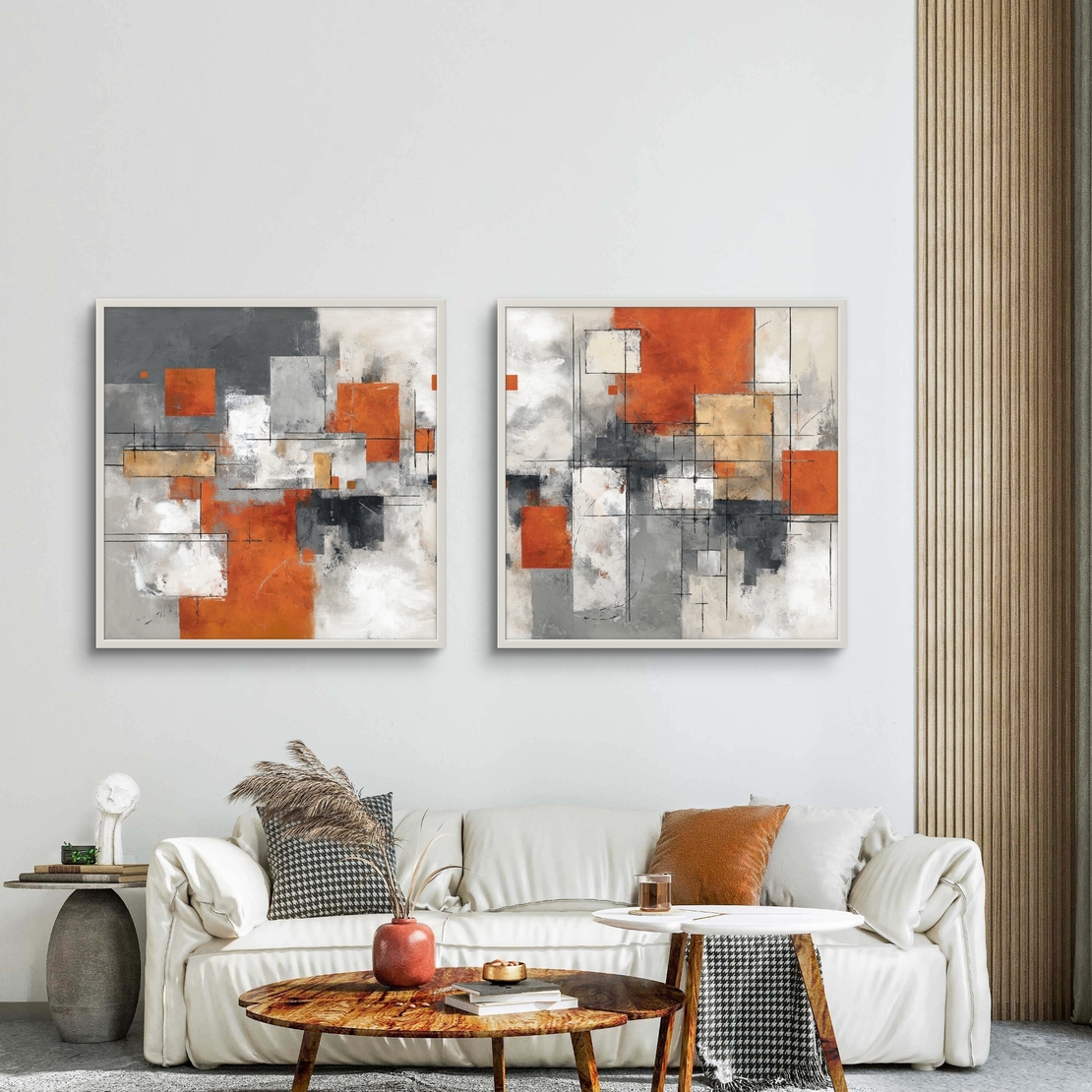 זוג תמונות אבסטרקט מרובעות עם קווים אדריכליים ובלוקים צבעוניים