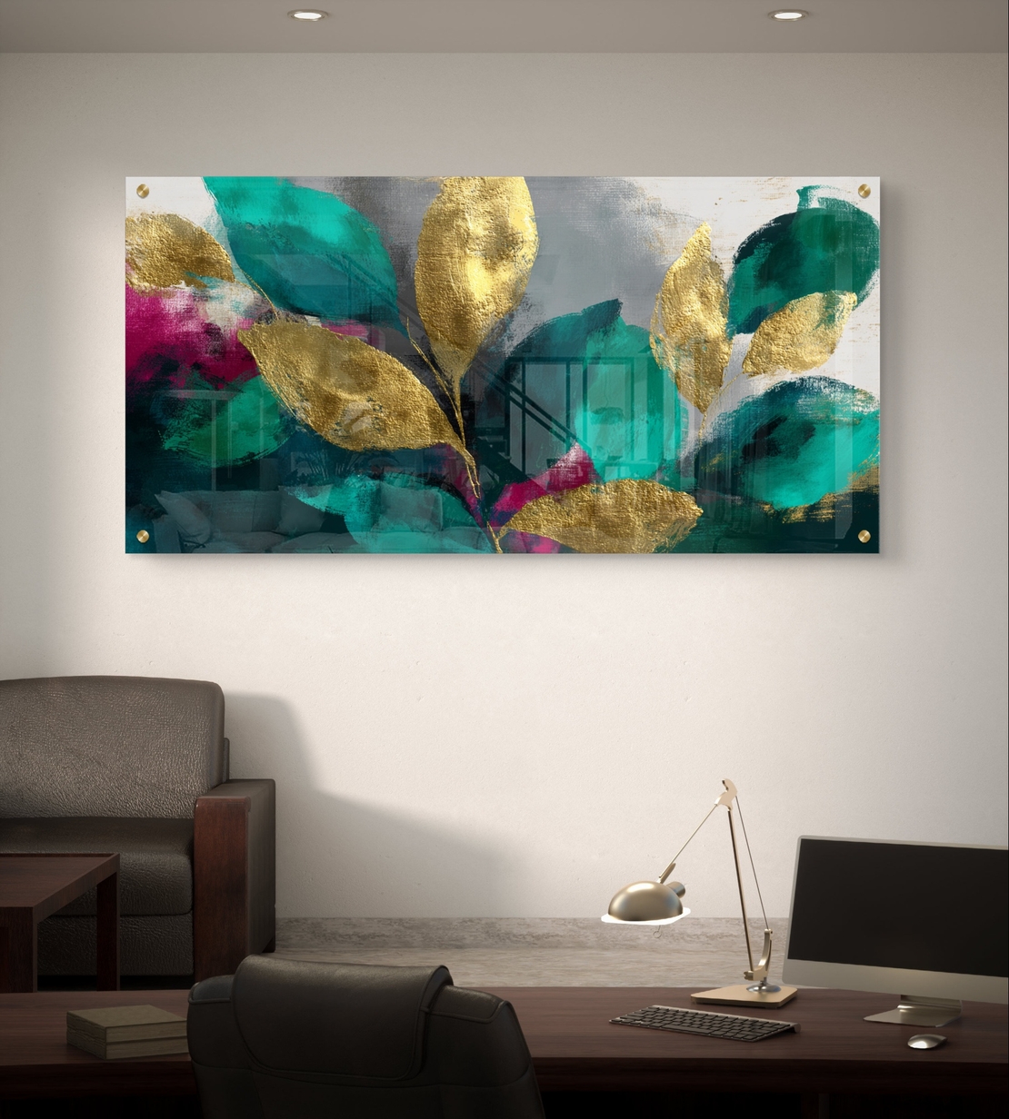 תמונת זכוכית לרוחב עם עלי זהב ורקע טורקיז אבסטרקטי – תכשיט לבית