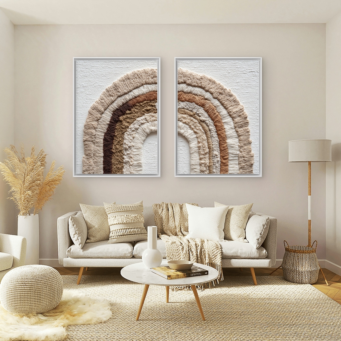 סט תמונות קנבס זוגי בסגנון בוהו עם קשתות בגווני שמנת וחום – תכשיט לבית