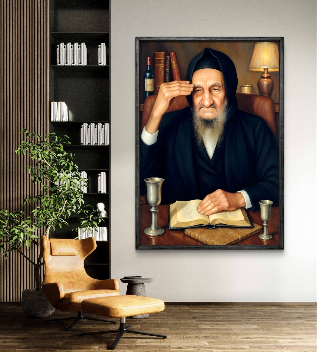 תמונת קנבס אומנותית של הבבא סאלי יושב ליד שולחנו, עם ספר קדוש פתוח, כוס קידוש ונרות ברקע. יצירה המשדרת קדושה, חוכמה וברכה, מתאימה לבית יהודי, בתי כנסת וחללים רוחניים.