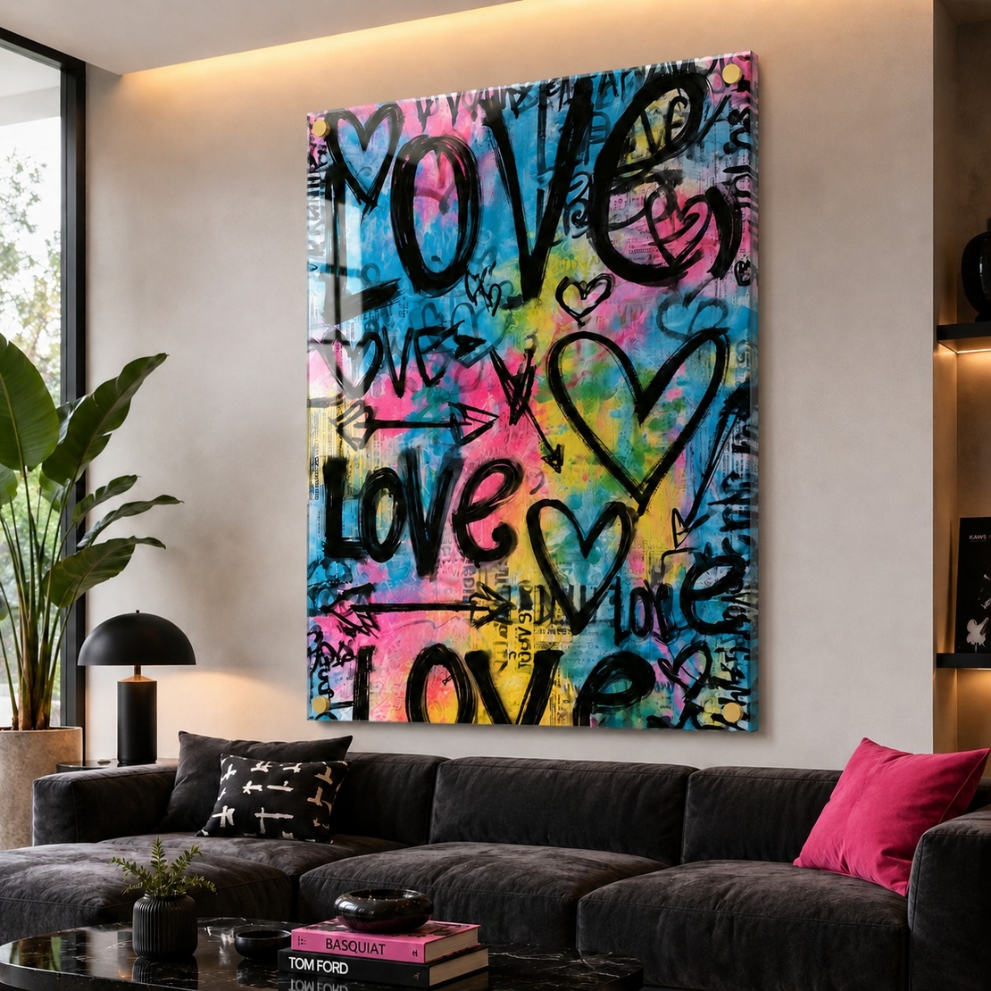 Love Street – תמונת זכוכית גרפיטי צבעונית עם לבבות לסלון | MG3073